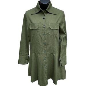 VTG Barbies Long Sleeve Button Up Tunic Top Military Green Women’s S/M Minidress